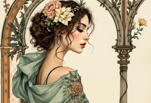 Alfons Mucha’s dreamy portrait of a woman with flowers in her hair, posed against an ornate arch in aged brass and soft sage. tattoo idea