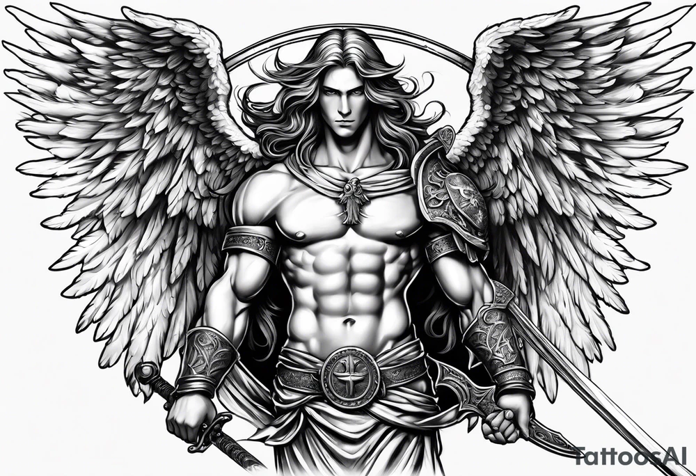 Male American guardian angel with a sword and angel from hell combined together tattoo idea