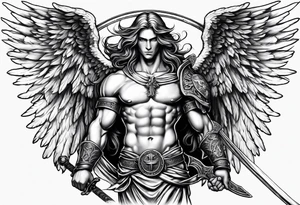 Male American guardian angel with a sword and angel from hell combined together tattoo idea