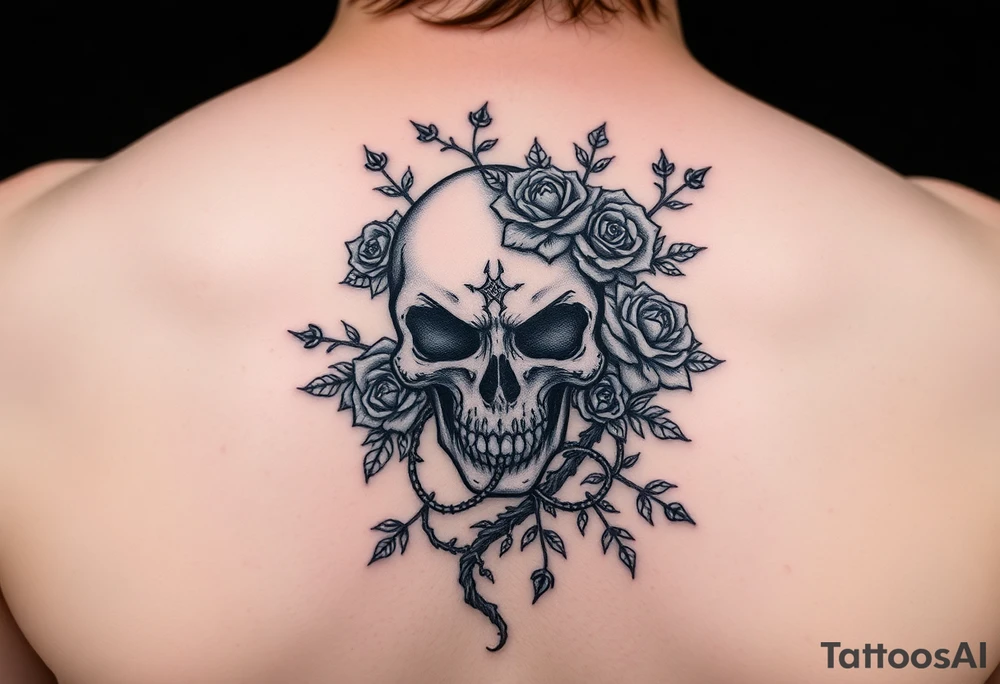 gothic skull intertwined with climbing roses and thorny vines tattoo idea