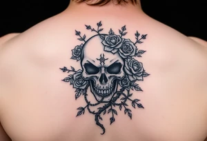 gothic skull intertwined with climbing roses and thorny vines tattoo idea