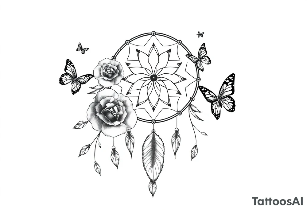 Dreamcatcher roses and butterflies tattoo idea