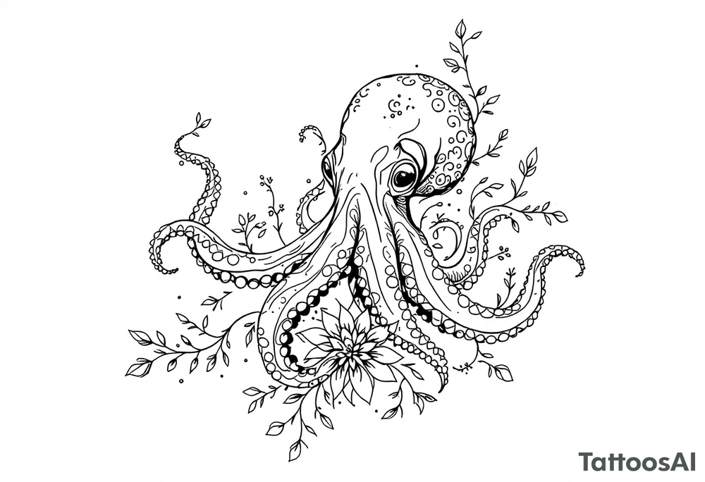 realistic octopus, detailed linework, intricate, black-and-grey shading, elegant floral vine, intertwining tentacles, thin black swirling lines, semi-transparent brown leaves, delicate mandala flower, dotwork, ornamental flourishes, radiating design, fine-line style, minimalistic, organic flow, feminine, artistic, slightly surreal, seamless composition, marine botanical fusion, lifelike texture, graceful rhythm, natural growth integration, body-following design, smooth shading, soft leaves wrapping, blooming shoulder flower, outward radiating pattern, vine tentacle flow, integrated sea creature, botanical octopus curved body placement, natural organic movement tattoo idea