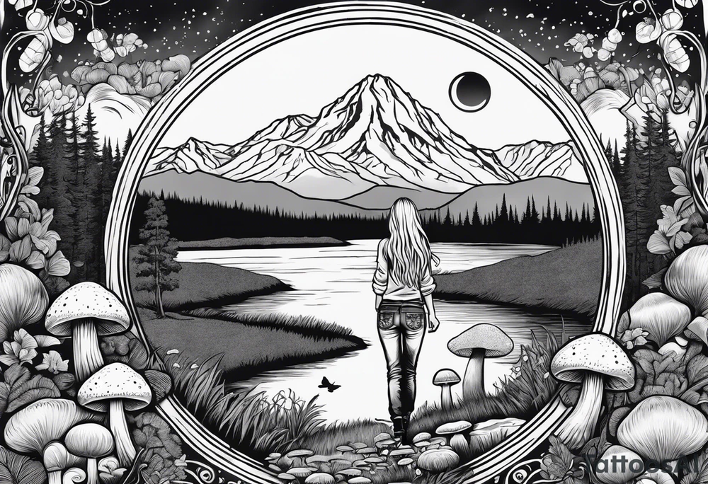 Whole picture encircled fully

Straight long blonde hair hippie girl in distance holding mushrooms in hand facing away toward mountains and creek surrounded by mushrooms long sleeve shirt and hiking pants; whole rendering within a full circle, no cut off circle tattoo idea