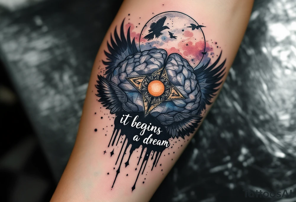 Tattoo inspired in the gifted brain, with few watercolor details but mostly black, symbols representing intelligence, creativity and dreaming flying arround, the phrase "It begins with a dream", and raven wings behind tattoo idea