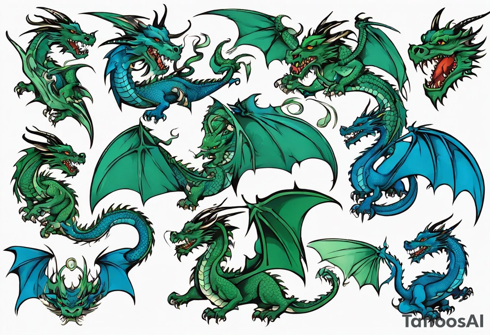 blue and green dragons tattoo idea