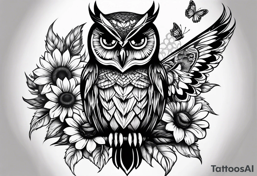Small owl with butterfly and sunflower leg sleeve tattoo idea
