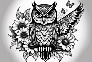 Small owl with butterfly and sunflower leg sleeve tattoo idea