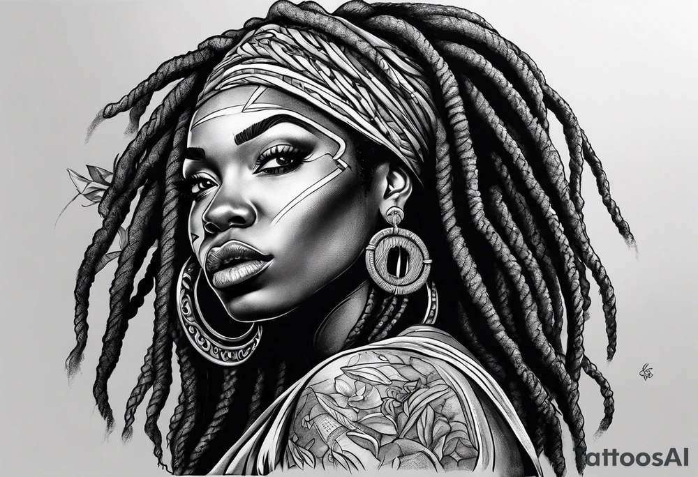 African woman with dreads medusa biting money tattoo idea