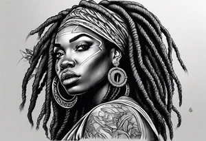 African woman with dreads medusa biting money tattoo idea