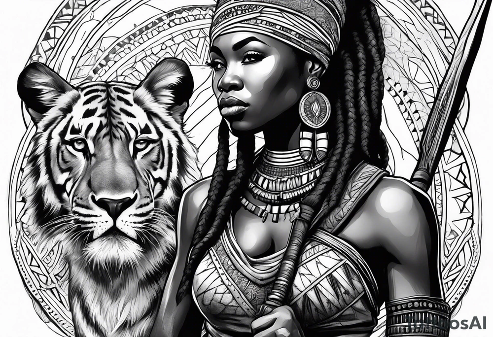 African woman warrior with tribe scars and spear in hand with animals in background tattoo idea
