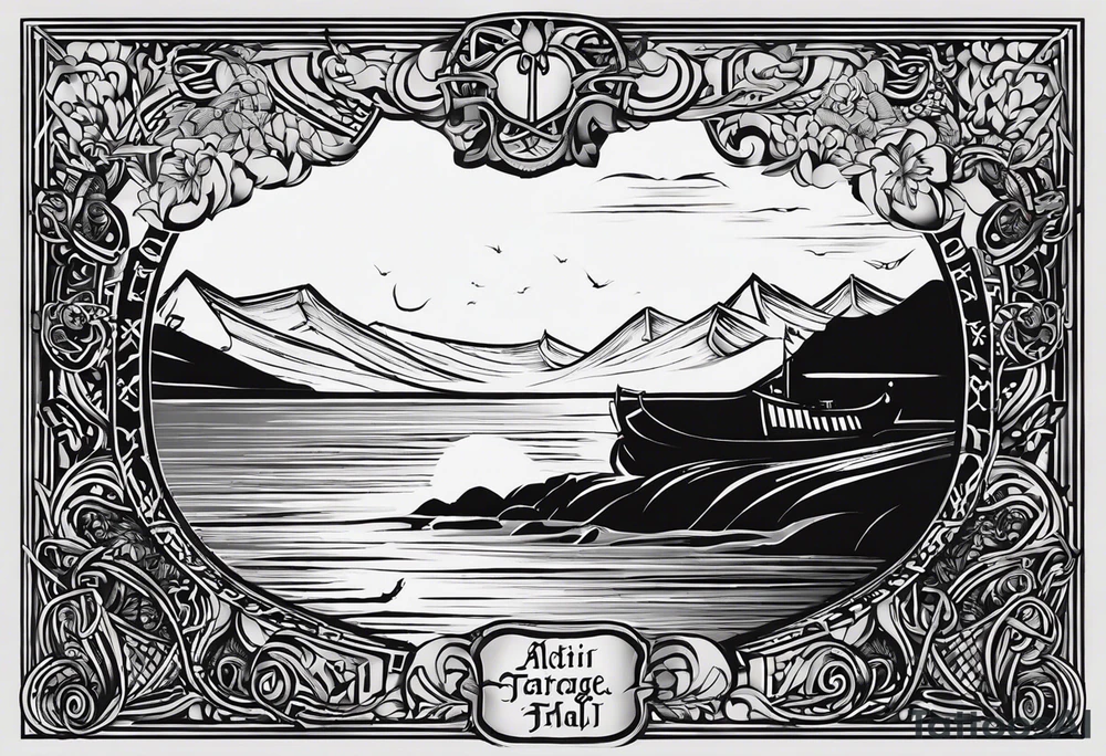 Design me a tattoo for an upper left arm half sleeve, with the script "Áit éigin taobh thall den farraige, áit éigin ag fanacht dom" and I was thinking originally to be over a coast scene (image uploaded) from a special place. Make it in the style of Viking or celtic designs incorporated into the design with a rune, but the text is a must tattoo idea