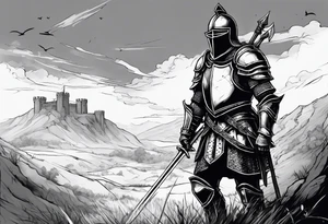 A knight in armor except the helmet on the brink of death pierced with arrows propping himself up with his sword on a seemingly bleak battlefield while still looking up with hope tattoo idea