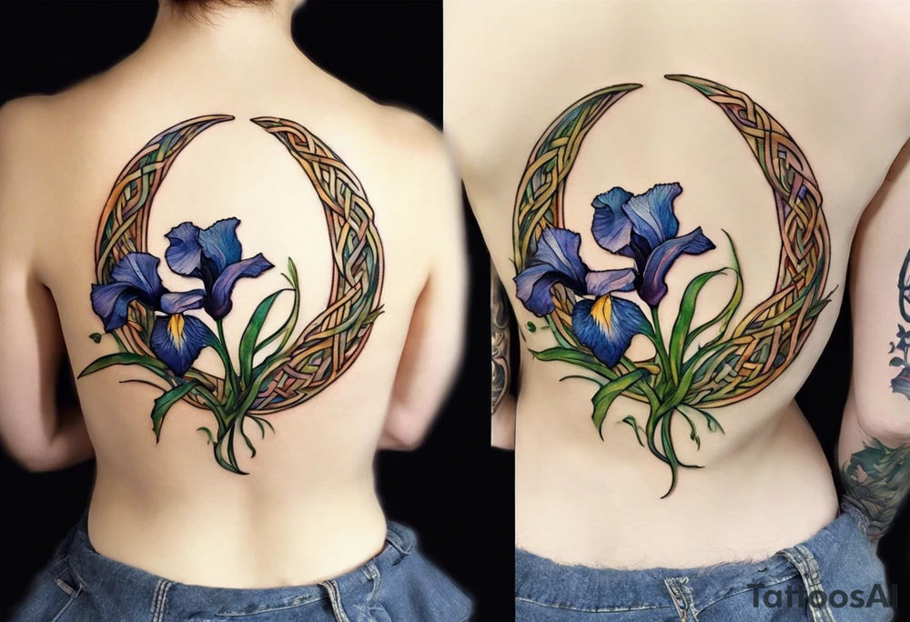 Create a small, colorful Vincent van Gogh Irises tattoo in the form of a crescent, with vines in Celtic knot style gracefully intertwining at a central point in the middle of the wreath. The intended placement is on the upper chest. The middle needs mountains. The overall design should be small in size while maintaining a delicate and artistic aesthetic. Pay attention to the graceful flow of the vines and the placement of the irises to achieve a refined and elegant look. tattoo idea