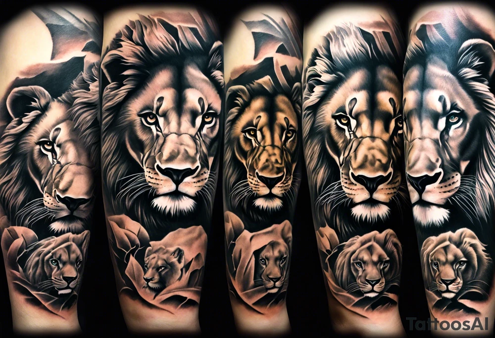 Full sleeve tattoo depicting a large lion with one blind eye with a scar going through the eye, protecting his lioness while they both also protect 6 lion cubs. Background should depict a safari scene tattoo idea