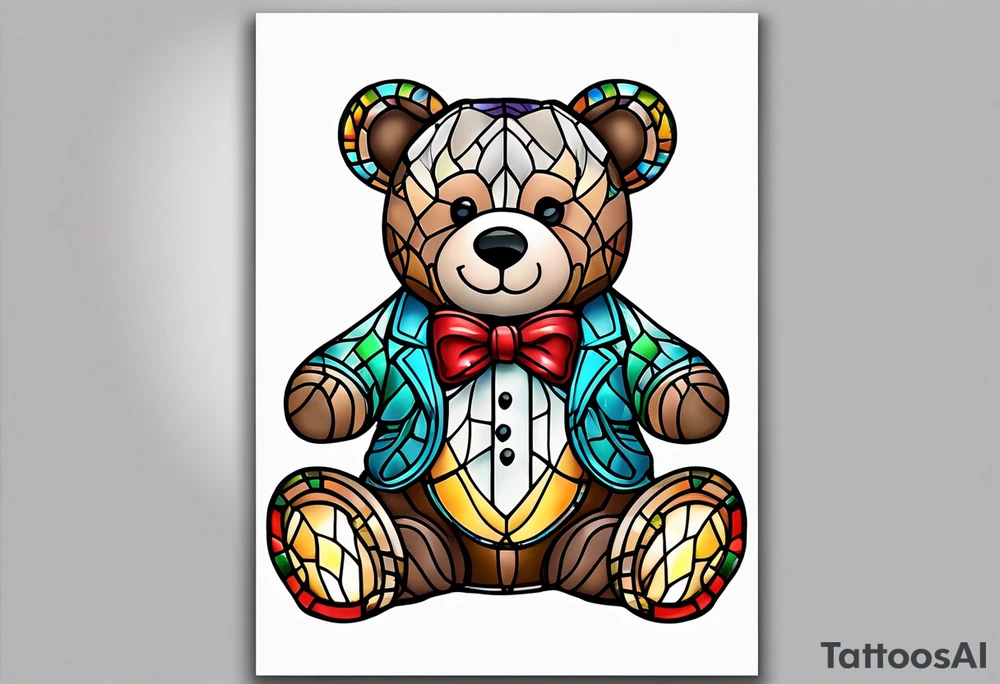 Teddy bear with bow tie stained glass tattoo idea