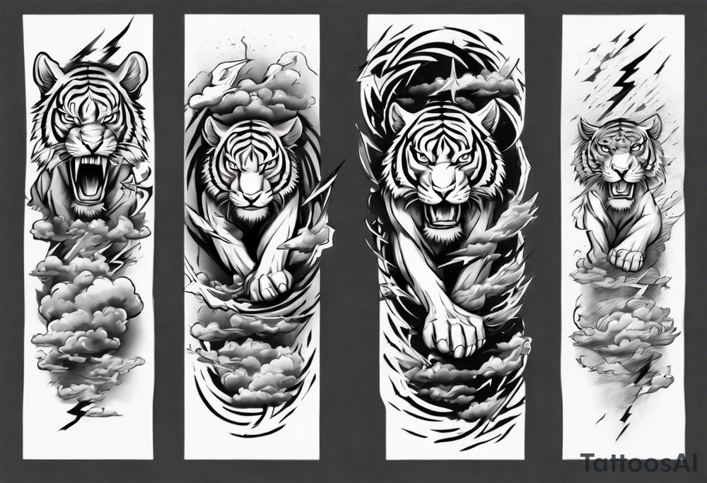 A mythical tiger forearm sleeve tattoo, with lightning and clouds filling the area tattoo idea