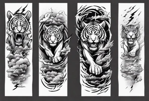A mythical tiger forearm sleeve tattoo, with lightning and clouds filling the area tattoo idea