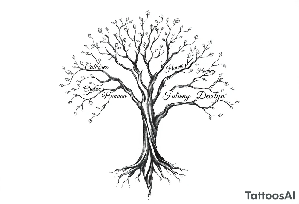 family tree tattoo with names sophie, chloe, shannon, hannah, hunter, jacob and declyn tattoo idea