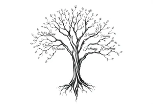 family tree tattoo with names sophie, chloe, shannon, hannah, hunter, jacob and declyn tattoo idea