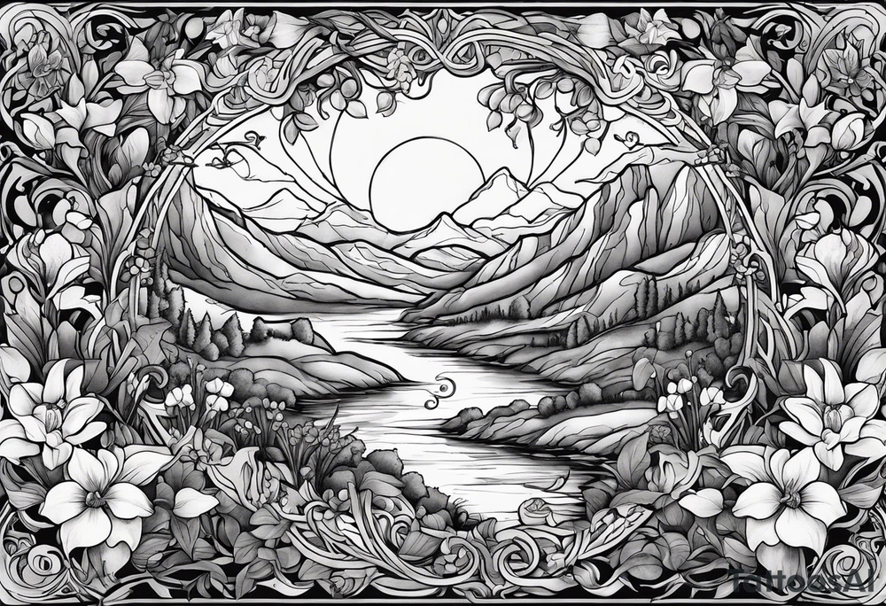 The words, "All the Things. Everywhere." Surrounded by vines and Lilly of the Valley and Larkspur flowers tattoo idea