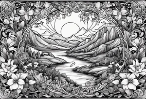 The words, "All the Things. Everywhere." Surrounded by vines and Lilly of the Valley and Larkspur flowers tattoo idea