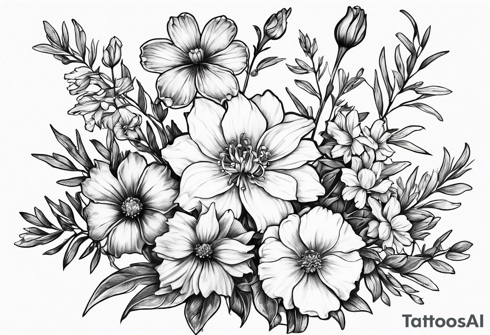 Simple Tattoo of larkspur, stemmed carnation, stemmed violet, stemmed daisy  bouquet tattoo idea