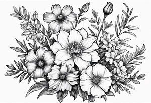 Simple Tattoo of larkspur, stemmed carnation, stemmed violet, stemmed daisy  bouquet tattoo idea