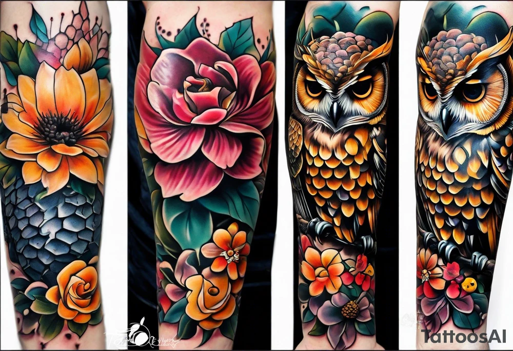 A lower forearm sleeve full colour coming down from a bicep with flowers joined with honeycombs, Mandela flowers, and owl, bees, pinecone, lady bugs. tattoo idea