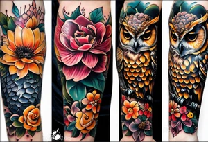 A lower forearm sleeve full colour coming down from a bicep with flowers joined with honeycombs, Mandela flowers, and owl, bees, pinecone, lady bugs. tattoo idea