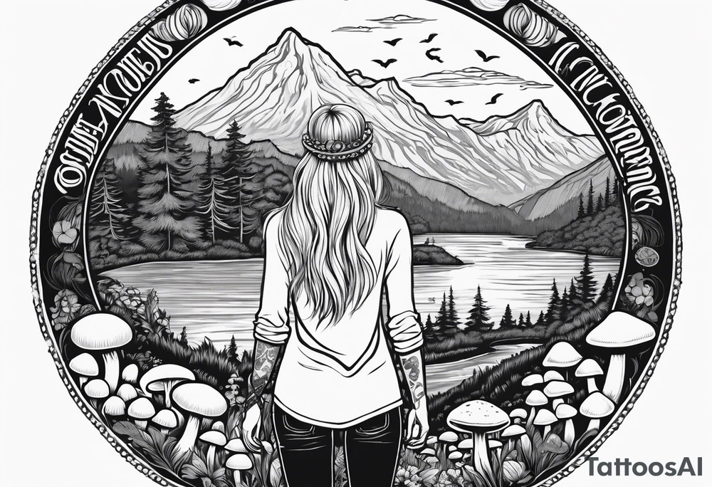 Whole picture encircled fully

Straight long blonde hair hippie girl in distance holding mushrooms in hand facing away toward mountains and creek surrounded by mushrooms long sleeve shirt and hiking pants; whole rendering within a full circle, no cut off circle tattoo idea
