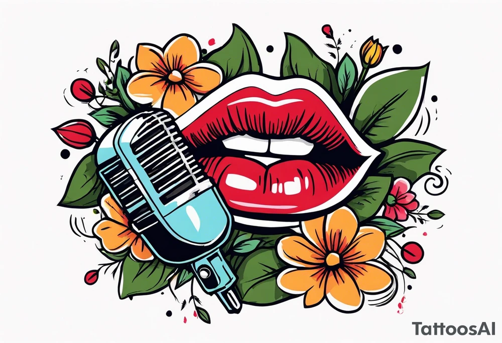 lips singing old school vintage traditional
flowers around and mouth next to microphone
bold and colorful simple design tattoo idea