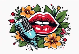 lips singing old school vintage traditional
flowers around and mouth next to microphone
bold and colorful simple design tattoo idea