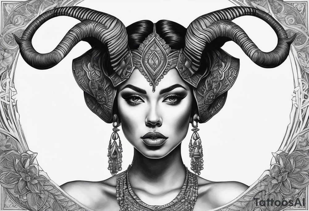 symmetrical woman head with curved horns facing downwards dark realism looking front facing view, ultra-detailed, high quality, high sharpness, hyper-realism, hyper-details, hyper-photorealistic, hyper-realistic tattoo idea