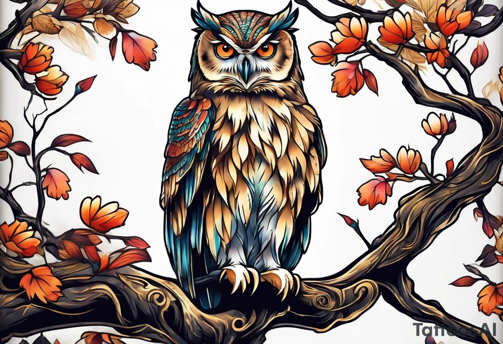 Owl sitting on a branch tattoo idea
