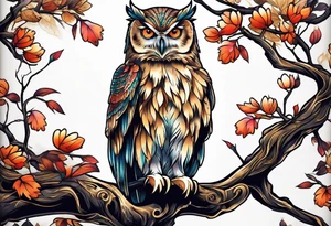 Owl sitting on a branch tattoo idea