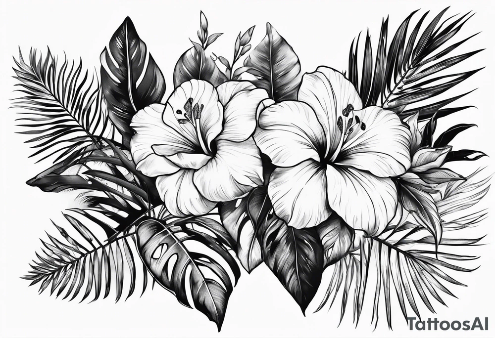 Tropical floral leaves tattoo idea