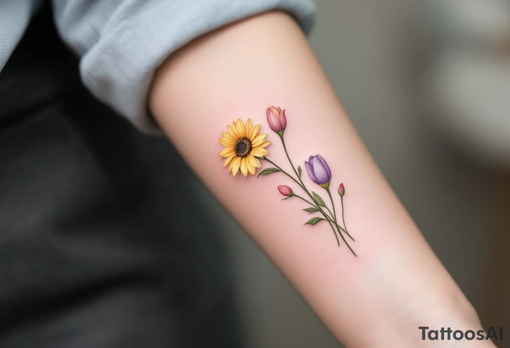 Small yellow sunflowers with two simple stargazer Lilly in pale pink and pale purple tulip buds in a dainty wildflower bouquet with light green stems. No outlines on the flowers. Include feminine stem lines. tattoo idea