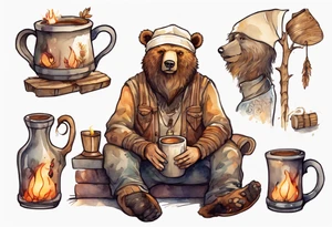 a bear-human hybrid with a long beard wearing a tunic and Phrygian cap, sitting in a chair by a hearth, drinking from a wooden mug, smiling, drunk, reed cheeks tattoo idea