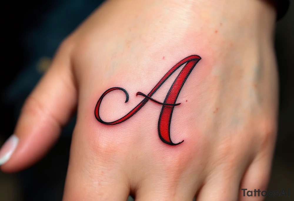 A script "A" formed by a red ribbon wrapping in the shape of the letter on one finger. tattoo idea