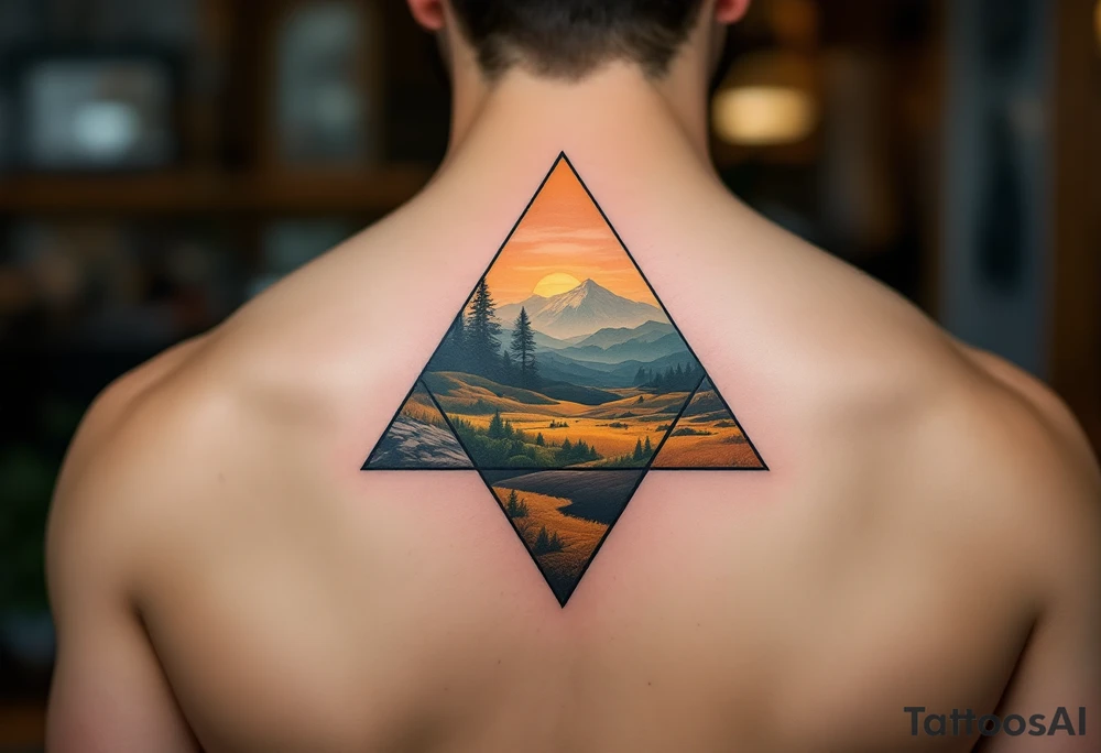 A three-layered triangle in earth tones (brown, olive, and ochre), inspired by nature and grounding located on the back of the head tattoo idea