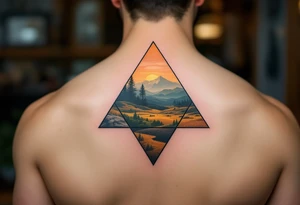 A three-layered triangle in earth tones (brown, olive, and ochre), inspired by nature and grounding located on the back of the head tattoo idea