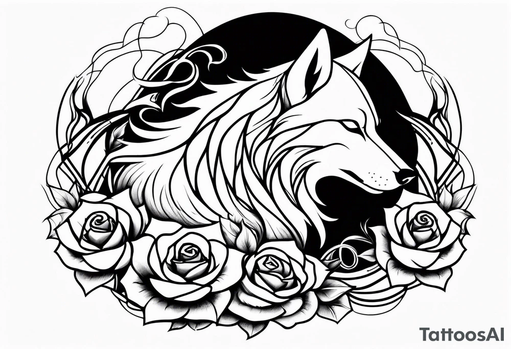 Rose with flames from top into a wolf tattoo idea
