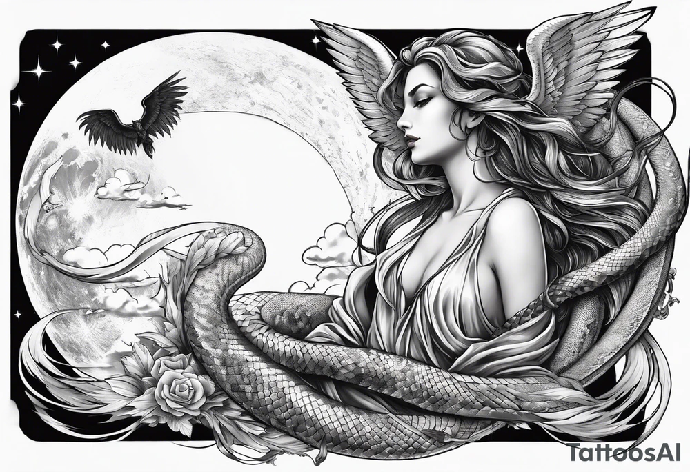 Lucifer (half male angel and half snake) wraps the moon in the sky tattoo idea