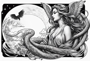 Lucifer (half male angel and half snake) wraps the moon in the sky tattoo idea
