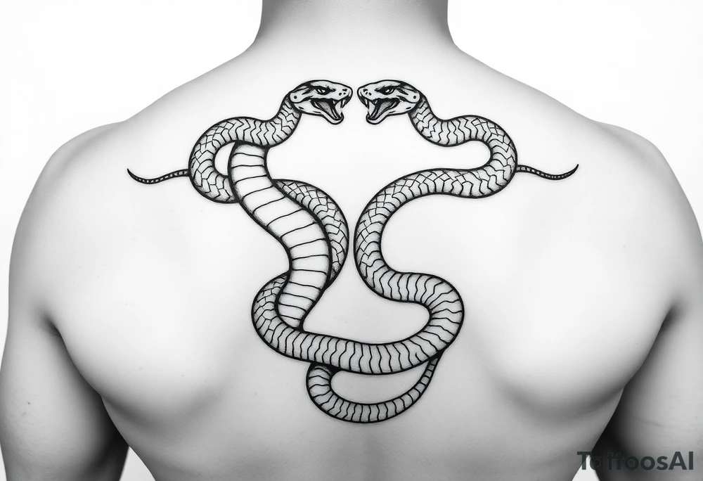 Id like a back tattoo with two snakes.  The illustration should be minimal with "skin-break."  I'd like the tails to be intertwined to accentuate my upper buttocks/upper butt crack, and Id like the snakes to moving upwards to the upper back, with the heads stopping just under my shoulder blades.  Almost like a "V shape" but very organic, like a symmetrical winding road.  Id like the tattoo to be sexy and accentuate my back to make my waist look small.  Black and white. Minimal.  Fine line. Please use a male body type. tattoo idea