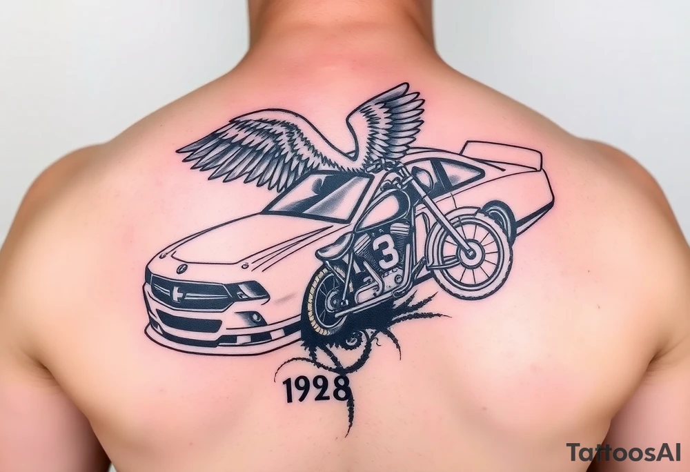 Dale Earnhardt car on it with the year 1958 - 2021 intertwined with a motorcycle on it with guardian angel wolves tattoo idea