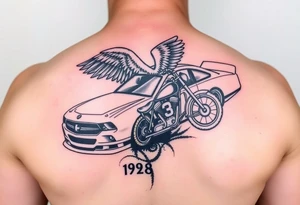 Dale Earnhardt car on it with the year 1958 - 2021 intertwined with a motorcycle on it with guardian angel wolves tattoo idea