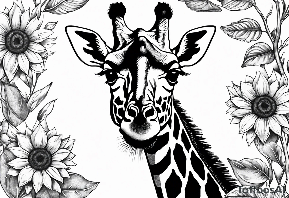 giraffe front view with sunflower and leafs tattoo idea