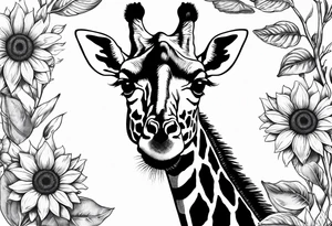 giraffe front view with sunflower and leafs tattoo idea